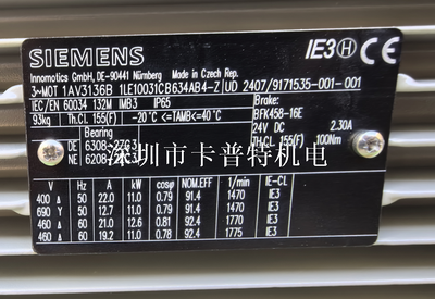 Siemens烟机厂专用电机1LE10031BB222AB6-Z